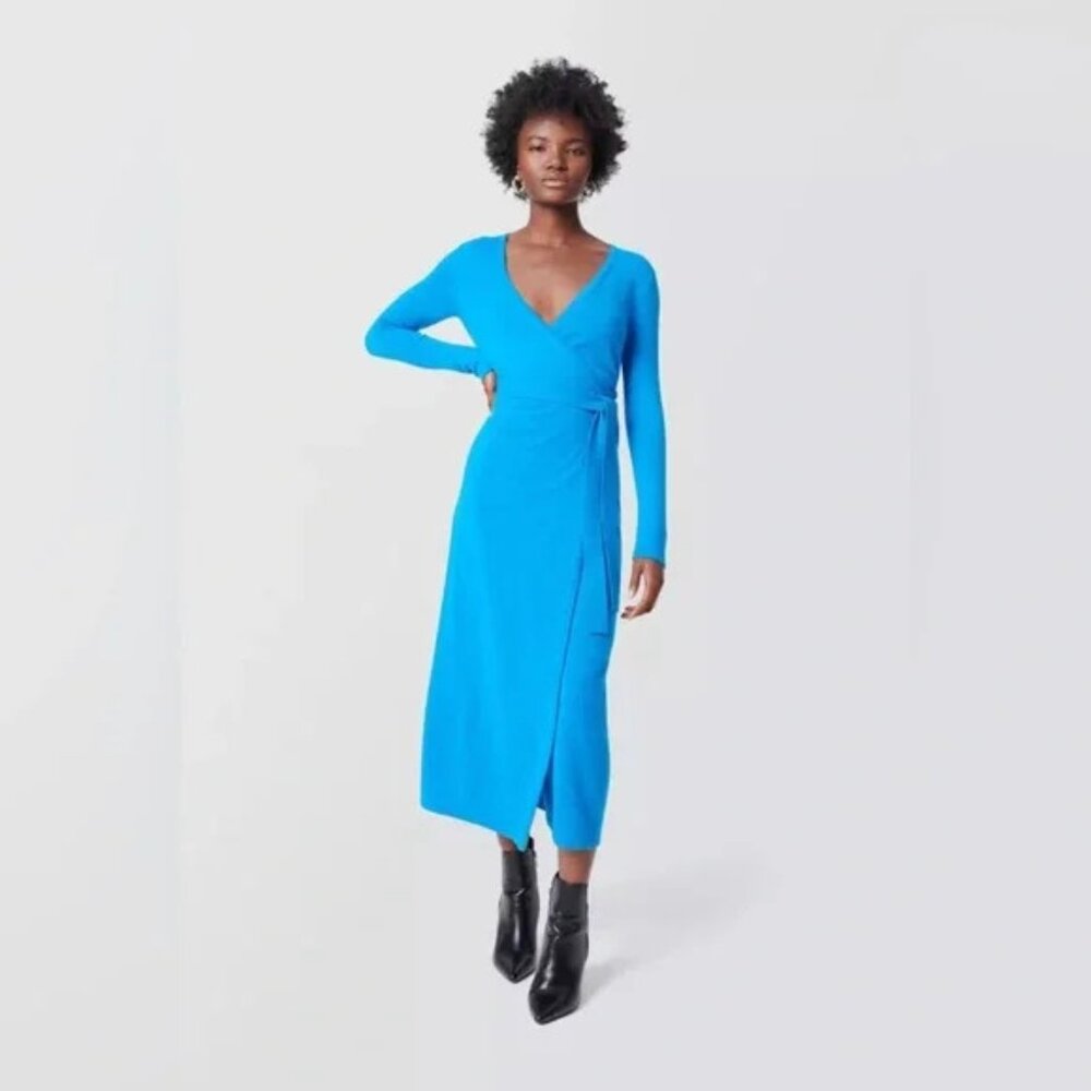Women's Diane von Furstenberg Blue Midi Wool Cashmere Wrap Dress XL